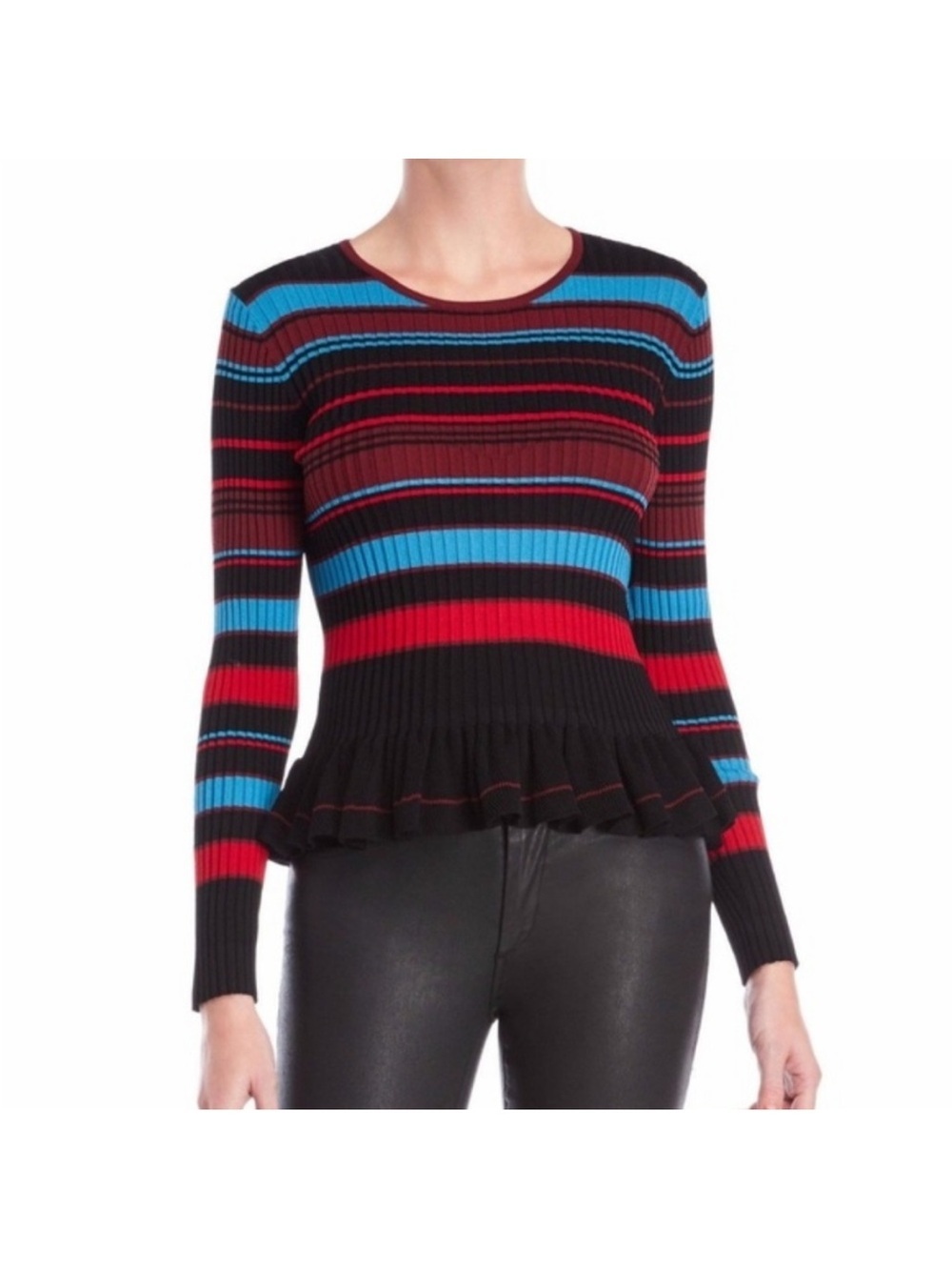 Torn by Ronny Kobo Striped Crew Neck Peplum Hem Sweater in Bold Stripe - Size S